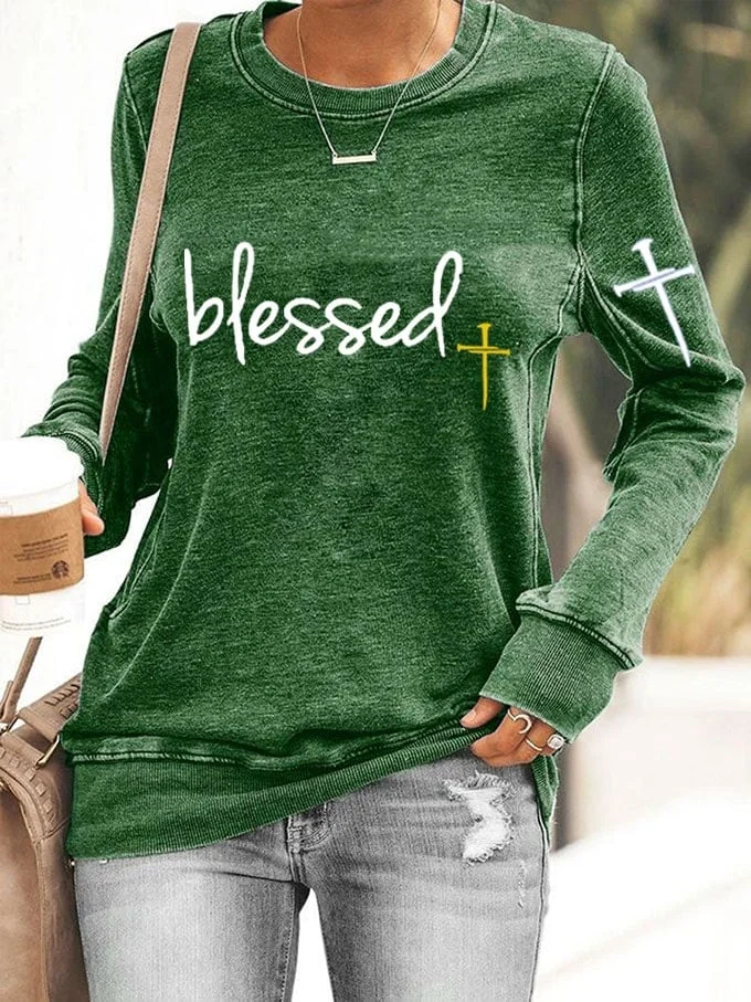 Women's Faith Blessed Cross Print Sweatshirt socialshop