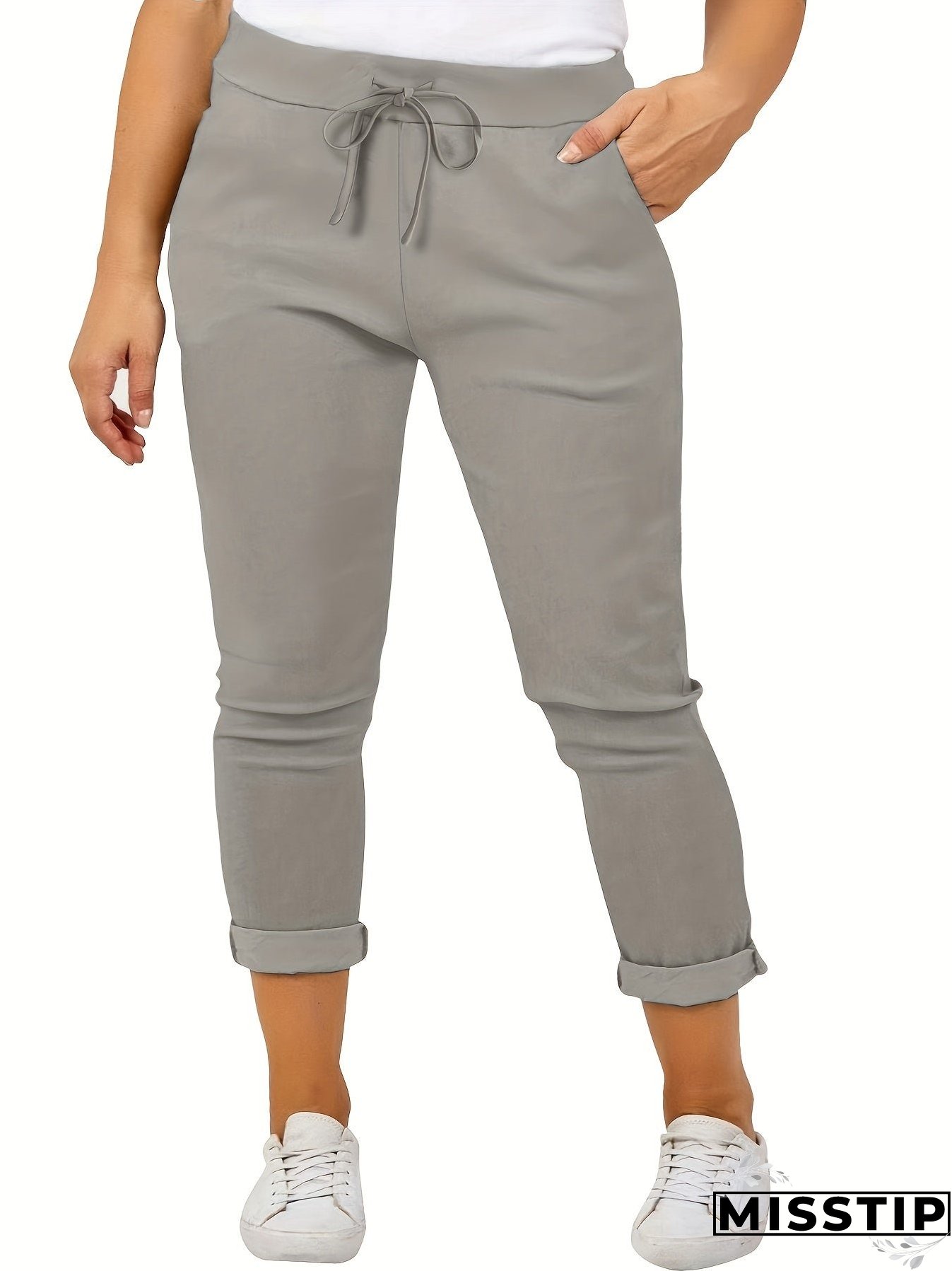 Plus Size Casual Pants, Women's Plus Solid Drawstring Roll Up Hem Slight Stretch Pants