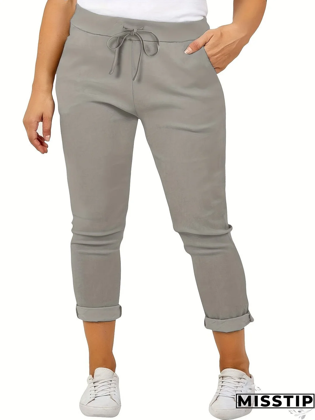 Plus Size Casual Pants, Women's Plus Solid Drawstring Roll Up Hem Slight Stretch Pants