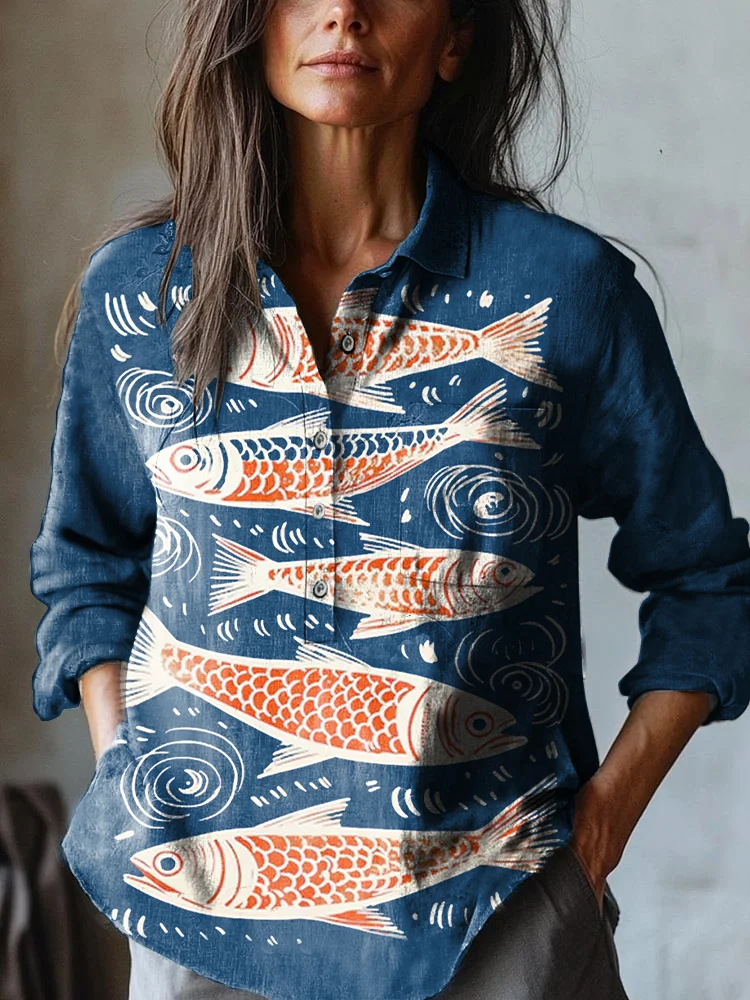Women's Sardines Art Print Casual Cotton and Linen Shirt