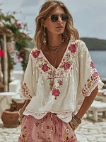 Women's Vintage Floral Art Linen Comfy Shirt