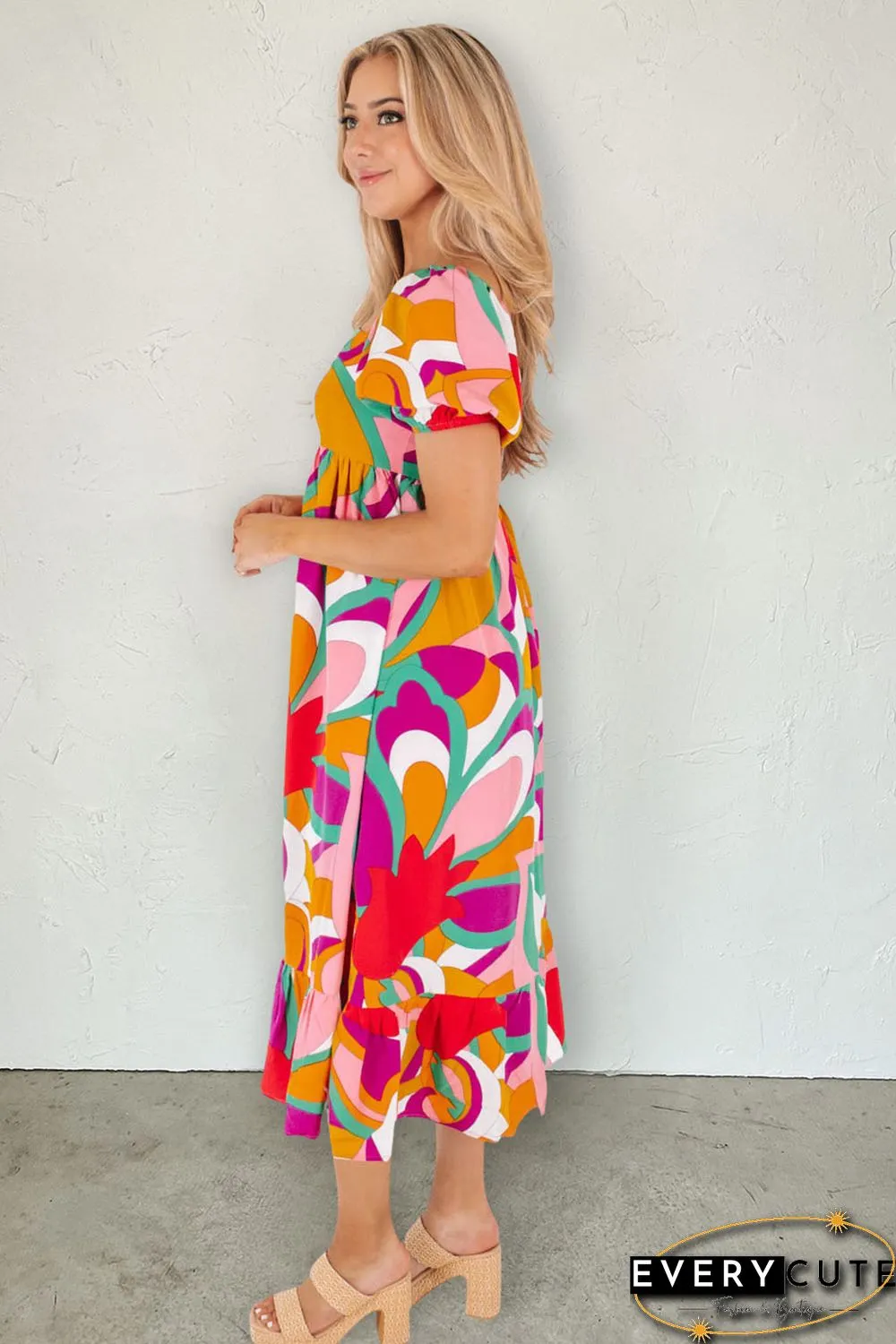 Red Abstract Print Square Neck Flowy Midi Dress