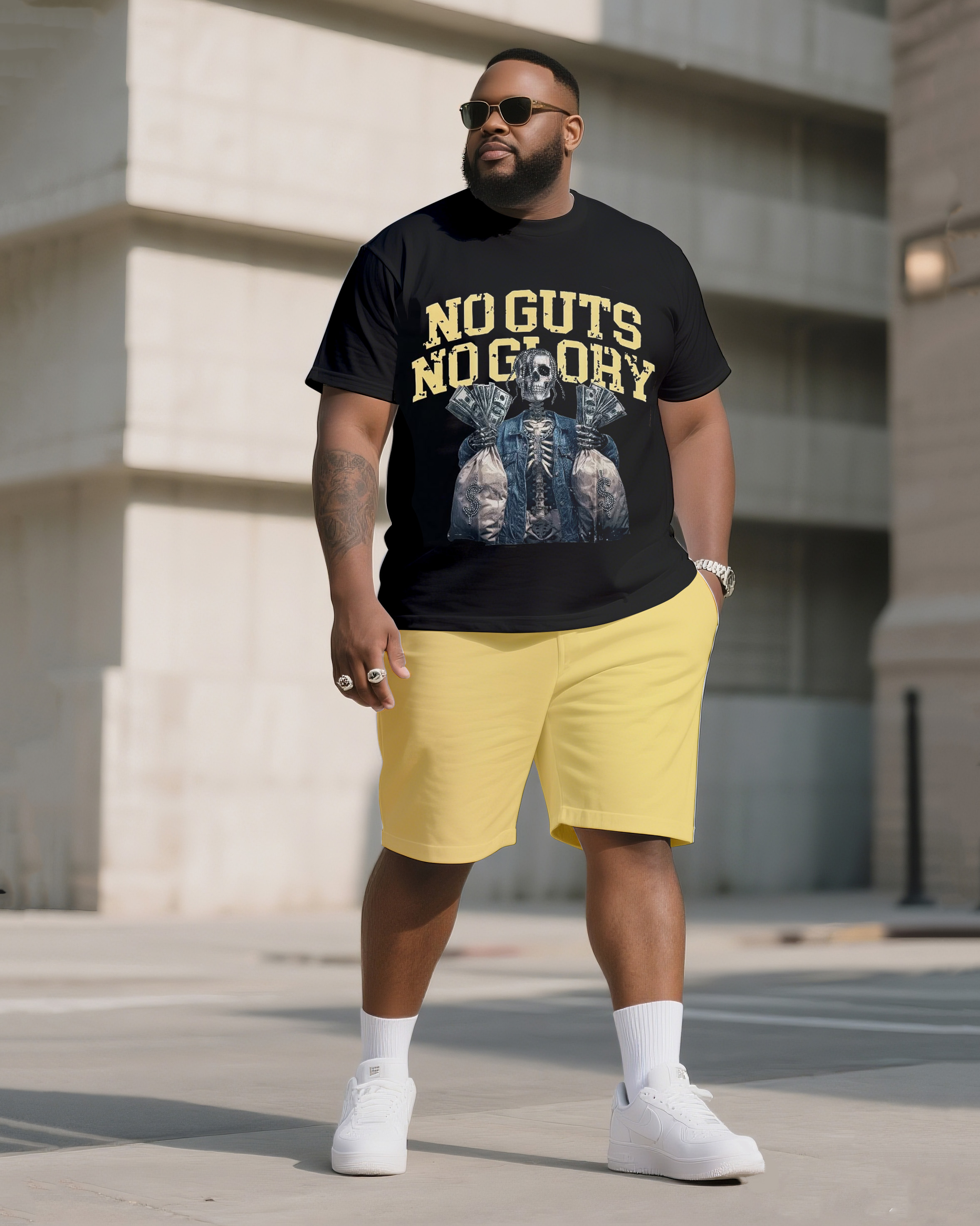 Big & Tall Men's Street Fashion No Guts No Glory Skull Print Crewneck T-Shirt Shorts Suit