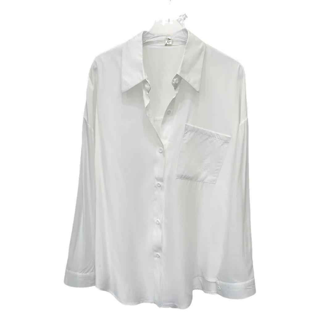 Athvotar Athvotar And Summer Solid Shirt Women's New Hong Kong Style Loose Long-Sleeved Coat Design Sense Of Small Folding Net Red Shirt