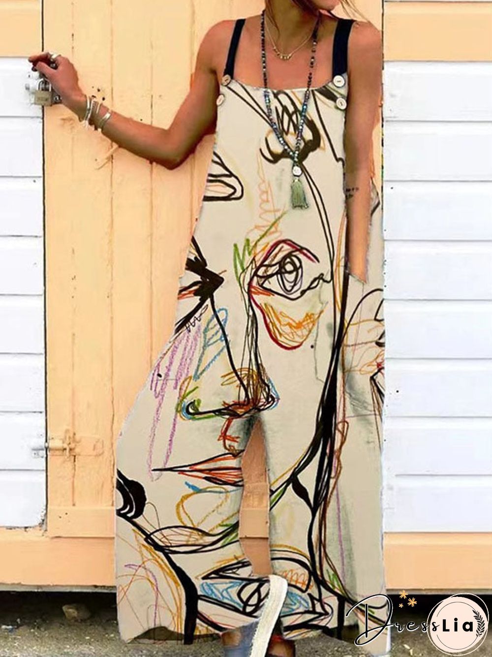 Women Jumpsuit Summer Overalls Straps Multicolor Print Square Neck Sleeveless Casual Romper With Pockets For Girls Playsuit