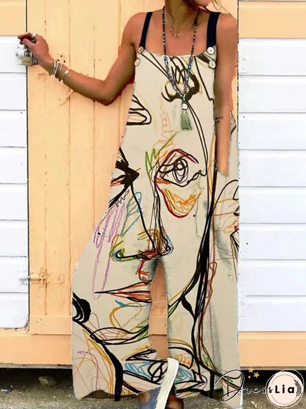 Women Jumpsuit Summer Overalls Straps Multicolor Print Square Neck Sleeveless Casual Romper With Pockets For Girls Playsuit