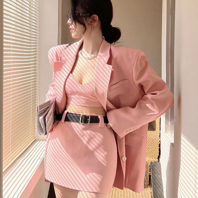 Chic Lapel Blazer Cami Belted Skirt Three Pieces