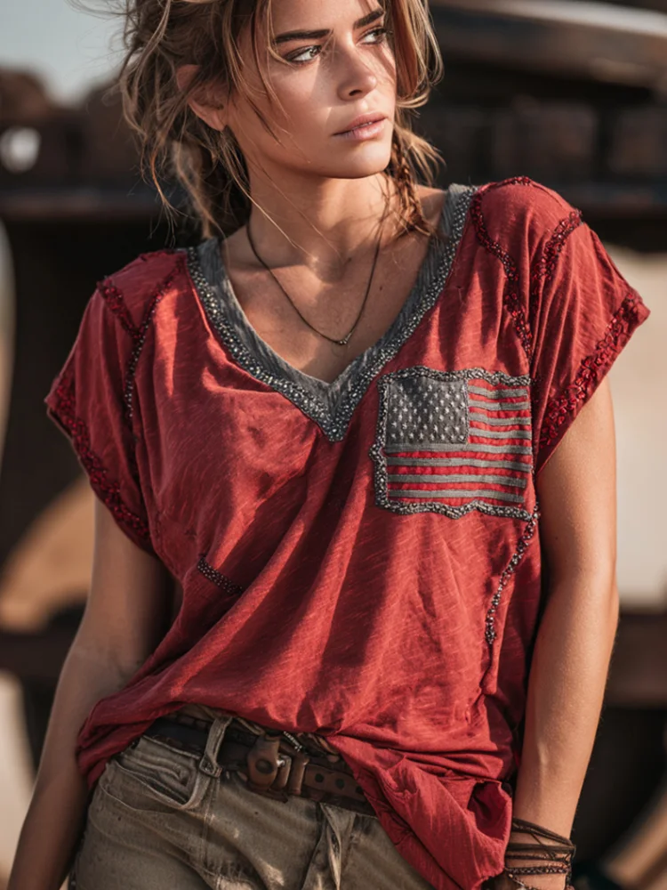 Women's American Independence Day Art Embroidery Spliced V-neck Short Sleeve Top