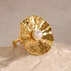 Large Lotus Leaf Pearl Golden Open Ring