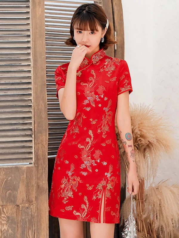 Burgundy&Red Plum Blossom Print Stand Collar Short Cheongsam