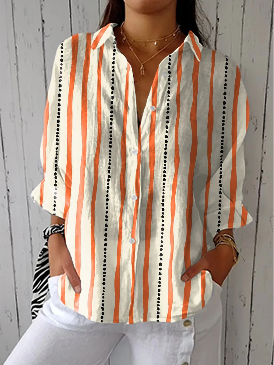Women's Vintage Line Art Print Casual Linen V-neck Shirt