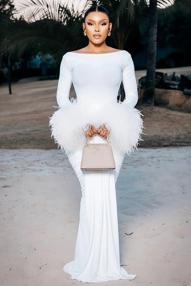 Fluffy Patchwork Long Sleeve Ruched Gowns Maxi Dresses-White [Pre Order]
