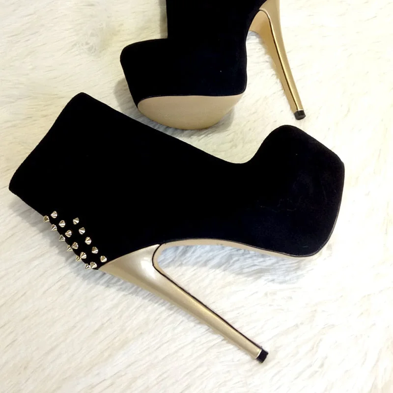 Onlymaker Women's Ankle ivet Boots Shoes 16cm High Thin Heel 4cm Platform Fashion Heels  Metal Plates Buckle Boots Size US15