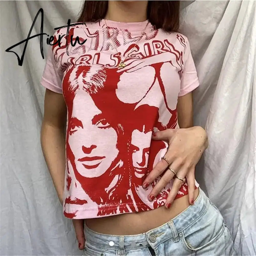 E-girl Harajuku Graphic Print T-shirt 90s Women Vintage Crop Top Y2K Aesthetic Summer Slim Fit Tees Tops Streetwear Gothic Punk Aiertu