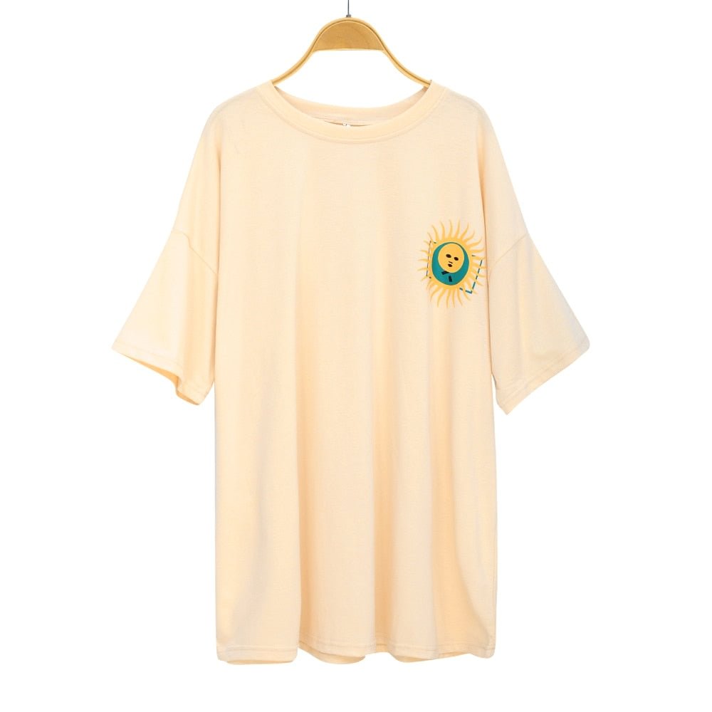 2022 Women Casual Fashion T-shirt Sun Moon Print Loose O-neck Short Sleeve Oversized Female Retro Long Tshirt Summer Tees Tops