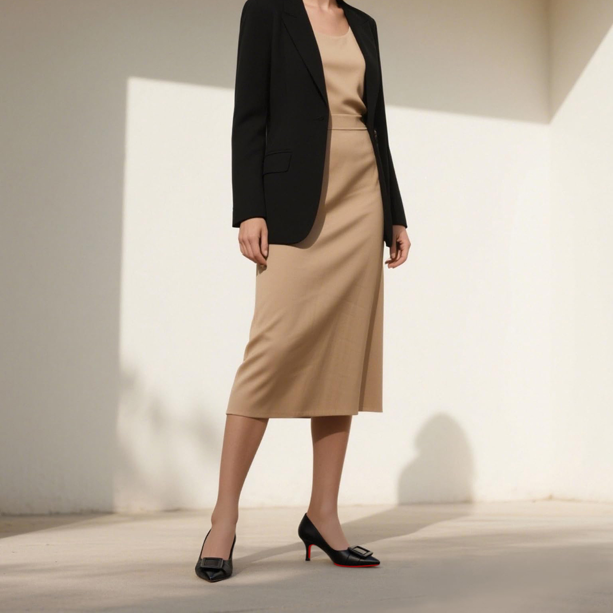 60mm Pointed Toe Square Buckle Decoration Red Bottom Kitten Heels Daily Pumps for Women Matte-MERUMOTE