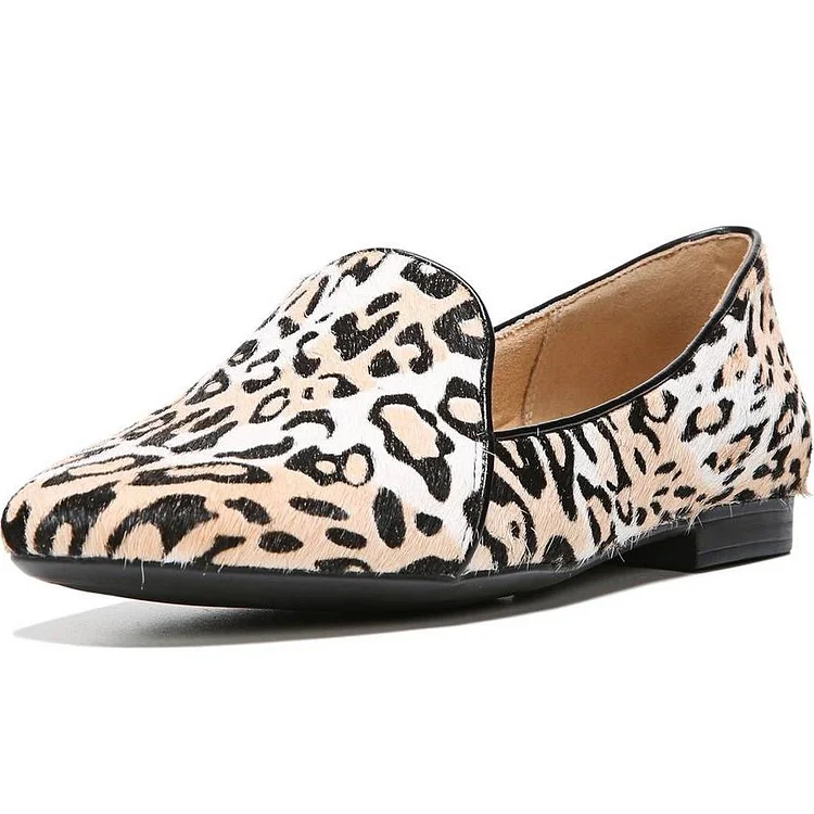 Khaki Horsehair Leopard Print Flats Loafers for Women |FSJ Shoes