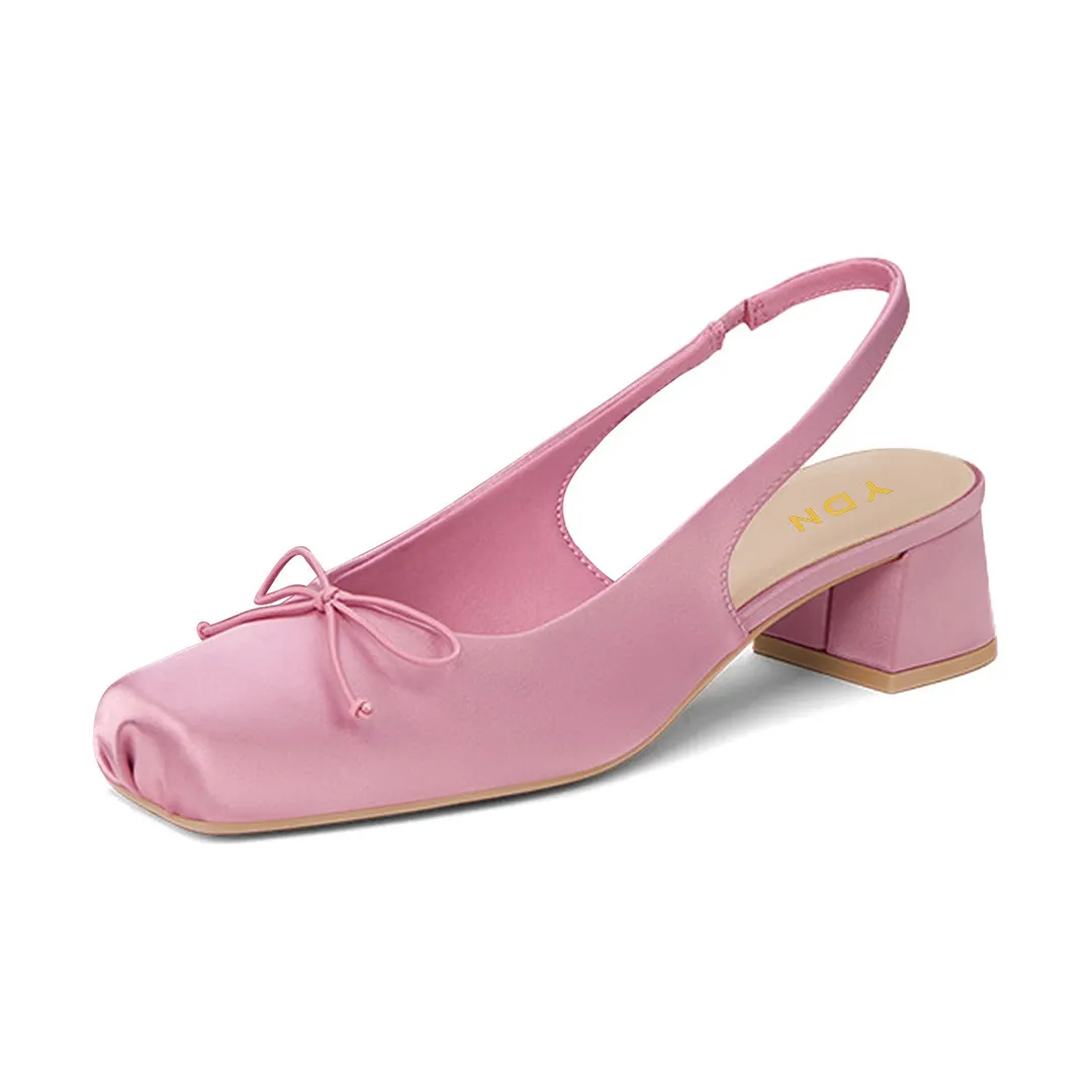 Cute Square Toe Low Block Heel Slingback Pink Pumps with Bow
