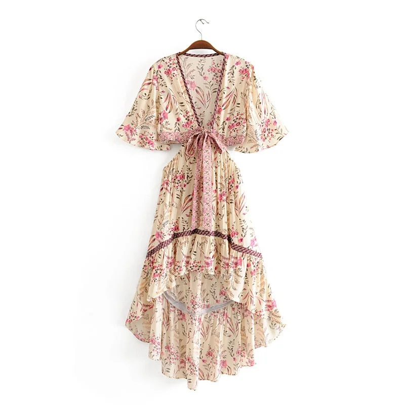 Chu Sau beauty New Boho Floral Print Swing Dress Women Holiday Style Fashion Irregular Dresses Female Vestido De Moda