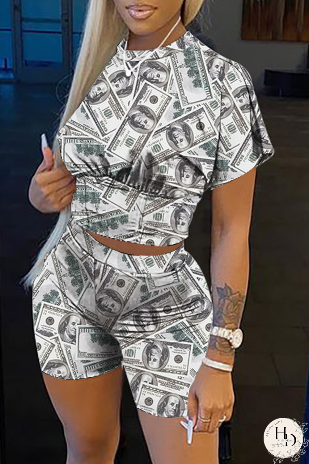 Grey Casual Print Patchwork O Neck Short Sleeve Two Pieces