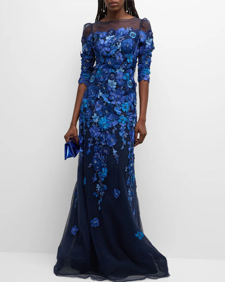 Floral-Embroidered Puff-Sleeve Gown