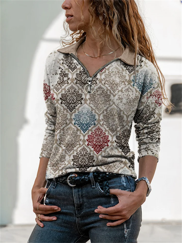 Vefave Ethnic Distressed Pattern Zip Up T Shirt