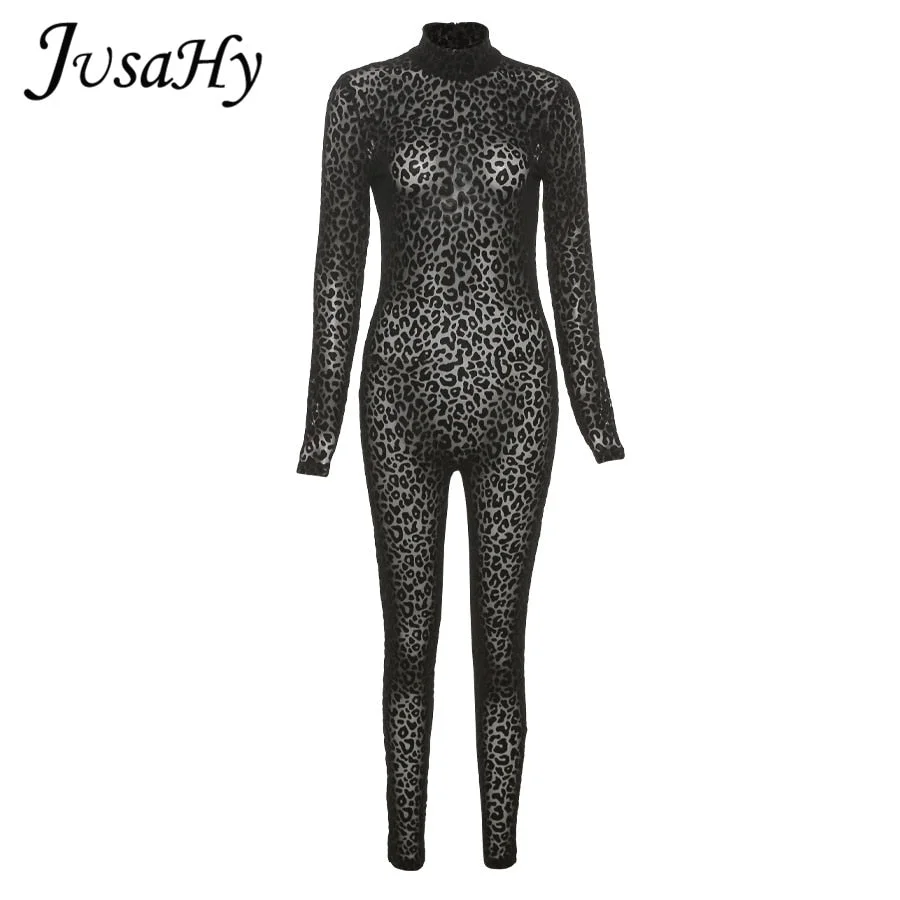 JuSaHy Y2K Leopard Print Jumpsuit for Women Autumn Long Sleeves Stand Collar Skinny Slim Casual Streetwear Female Tracksuit New