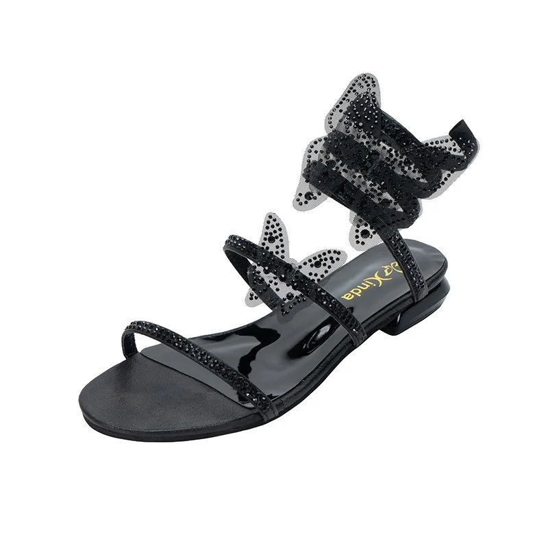 Wongn Wongn Shape Winding Water Diamond Sandal Female 2023 New One Word With Fine Heel Roman Sandals Fashion Net Red Fairy Wind Shoes