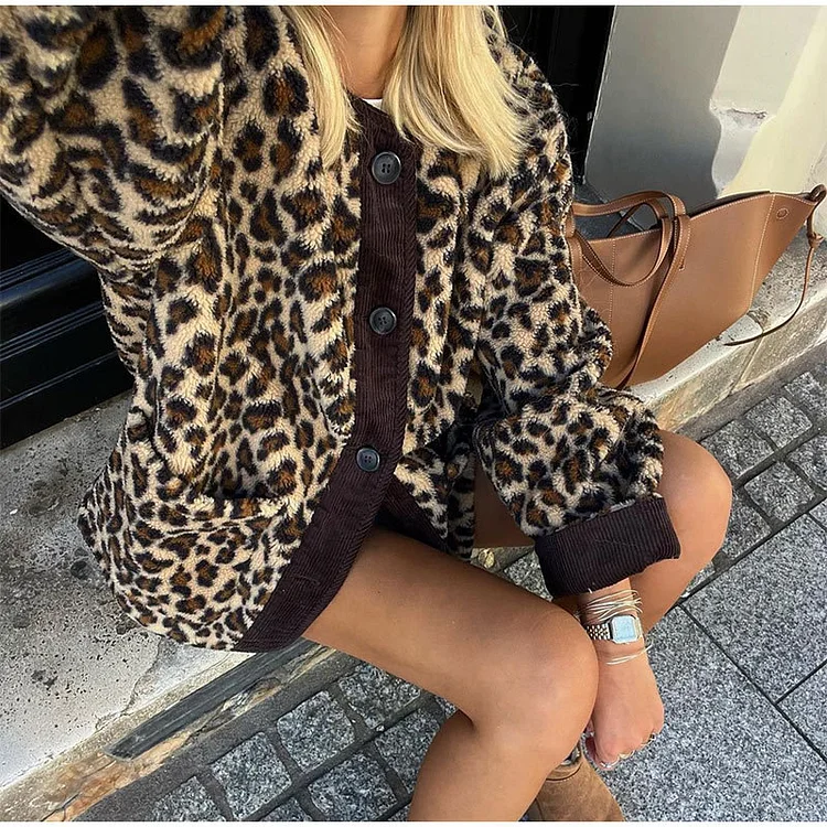 Women's Winter Jacket Coat Crew Neck Leopard Print Jacket