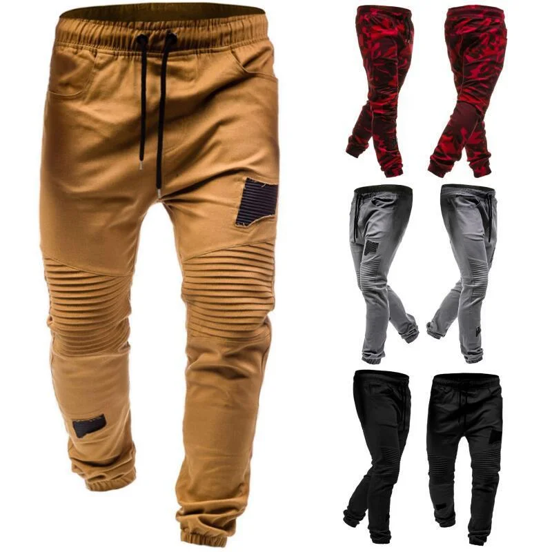 Pantaloni lungi bărbătești, casual, cu talie elastică și material adăugat, cu pliuri