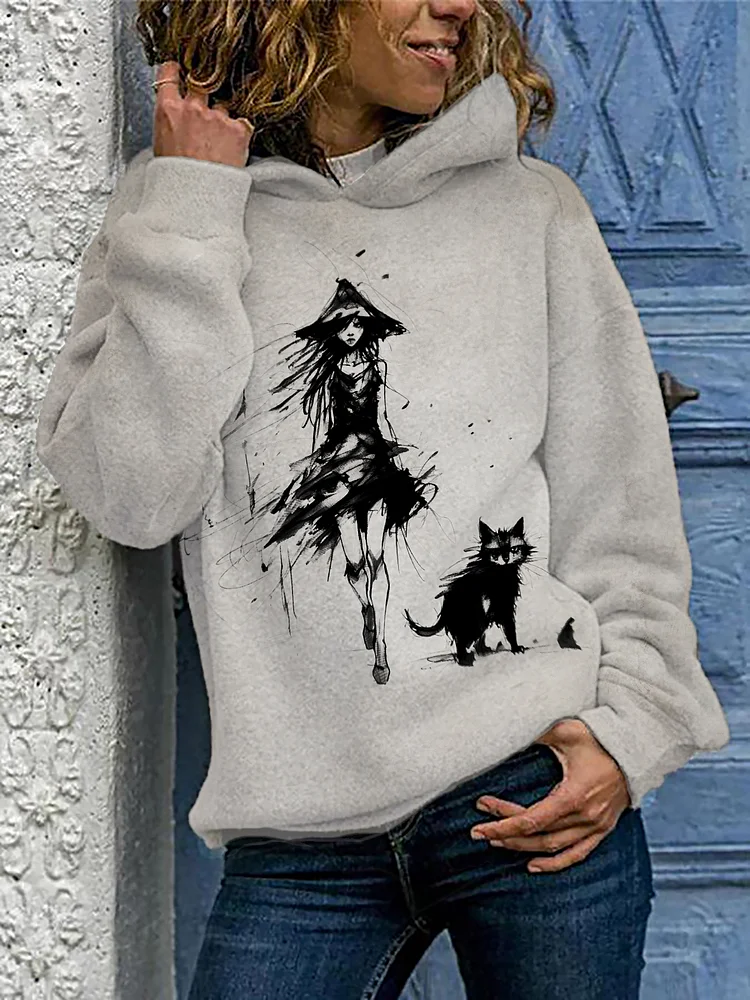 Women's Scrawl Witch Black Cat Art Print Casual Hoodie