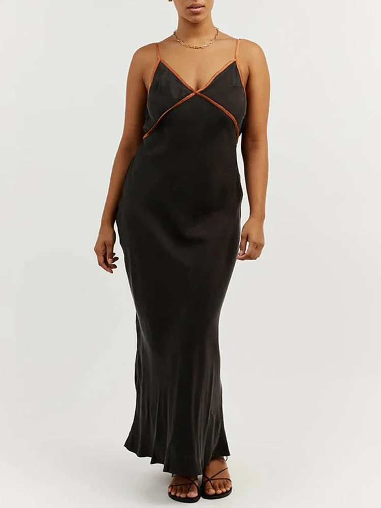 Jacqueline Summer 2022 Satin Midi Bodycon Dress Women Evening Deep V Sleeveless Sexy Elegant Party Dresses Casual Black White