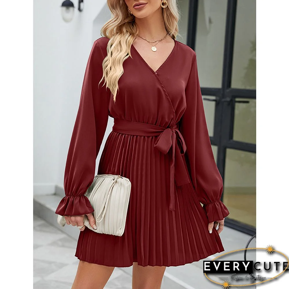 Burgundy V Neck Long Sleeve Pleated Mini Dress with Belt