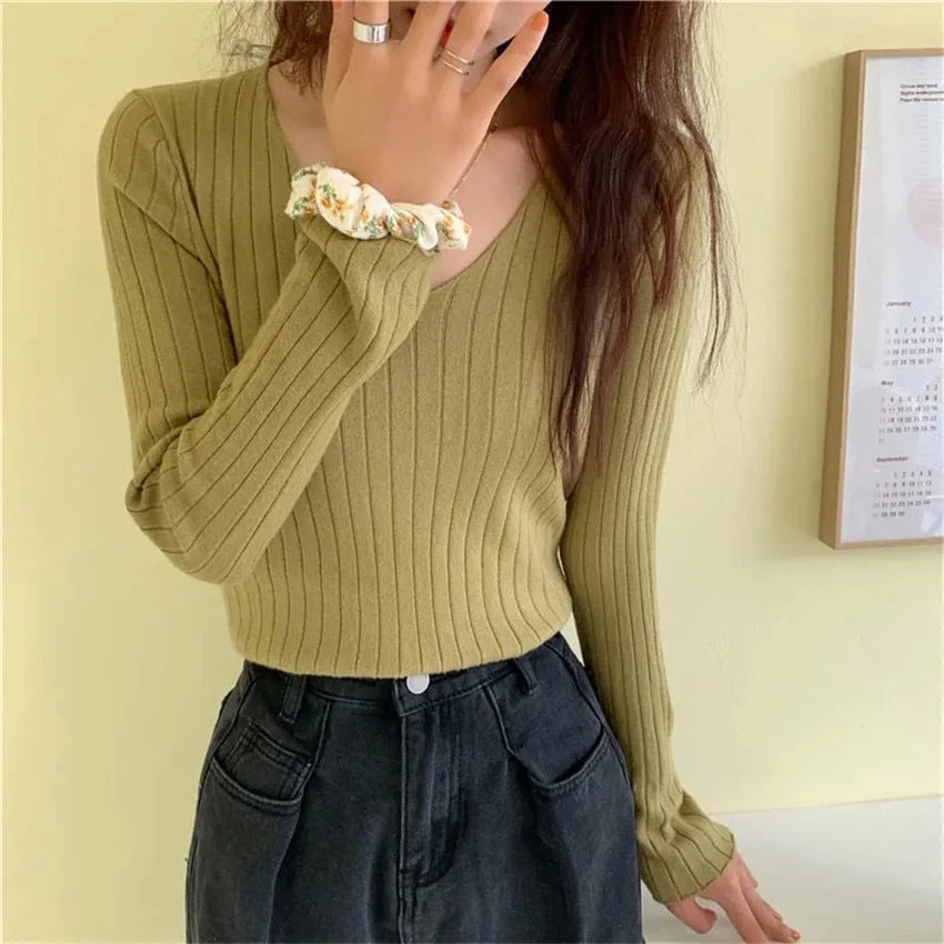 Tanguoant Korean Style Autumn Sweater Women V Neck Long Sleeve Knitted Ribbed Bottoming Sweaters Pullover Femme