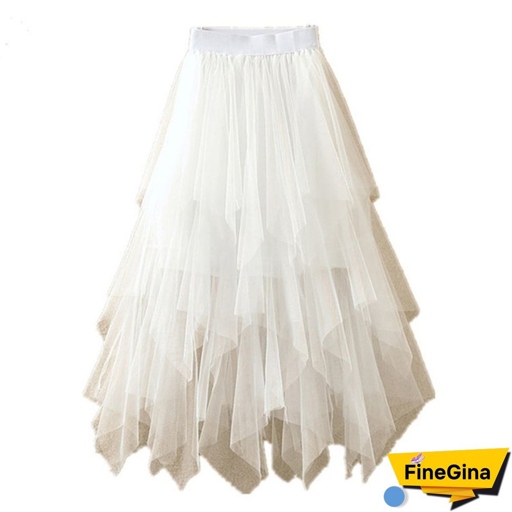 Women Summer Tulle Skirt Elastic Mesh Layered High Waist Pleated Ladies Midi Skirt