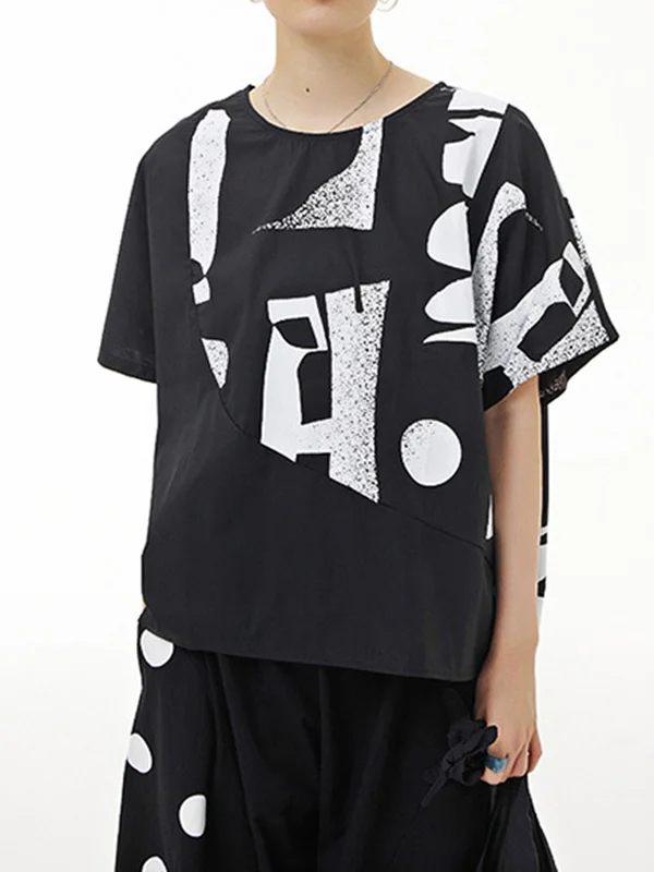Printed Short Sleeves Loose Round-neck T-Shirts Tops