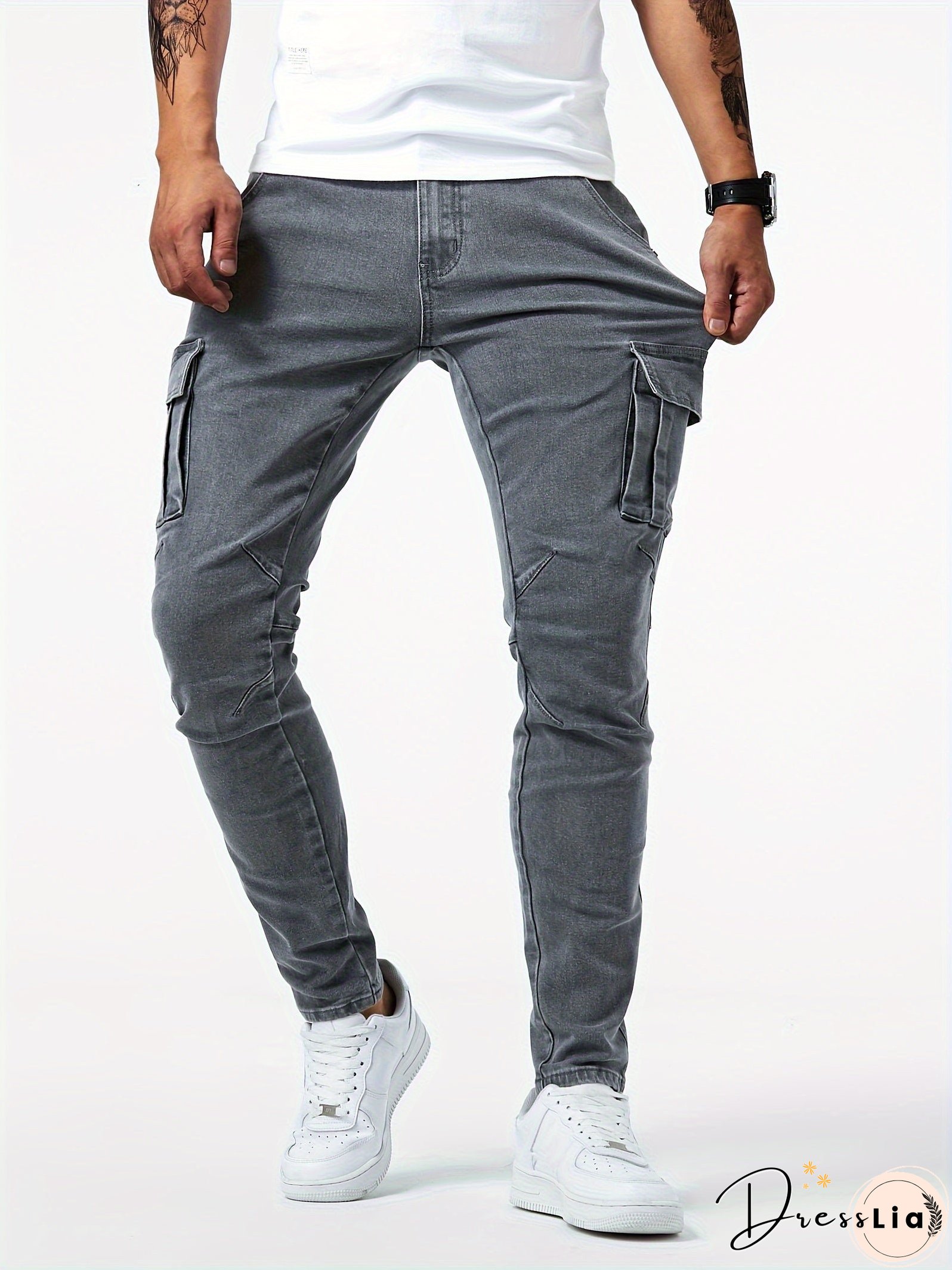 Slim Fit Multi Pocket Jeans, Men's Casual Street Style High Stretch Denim Cargo Pants