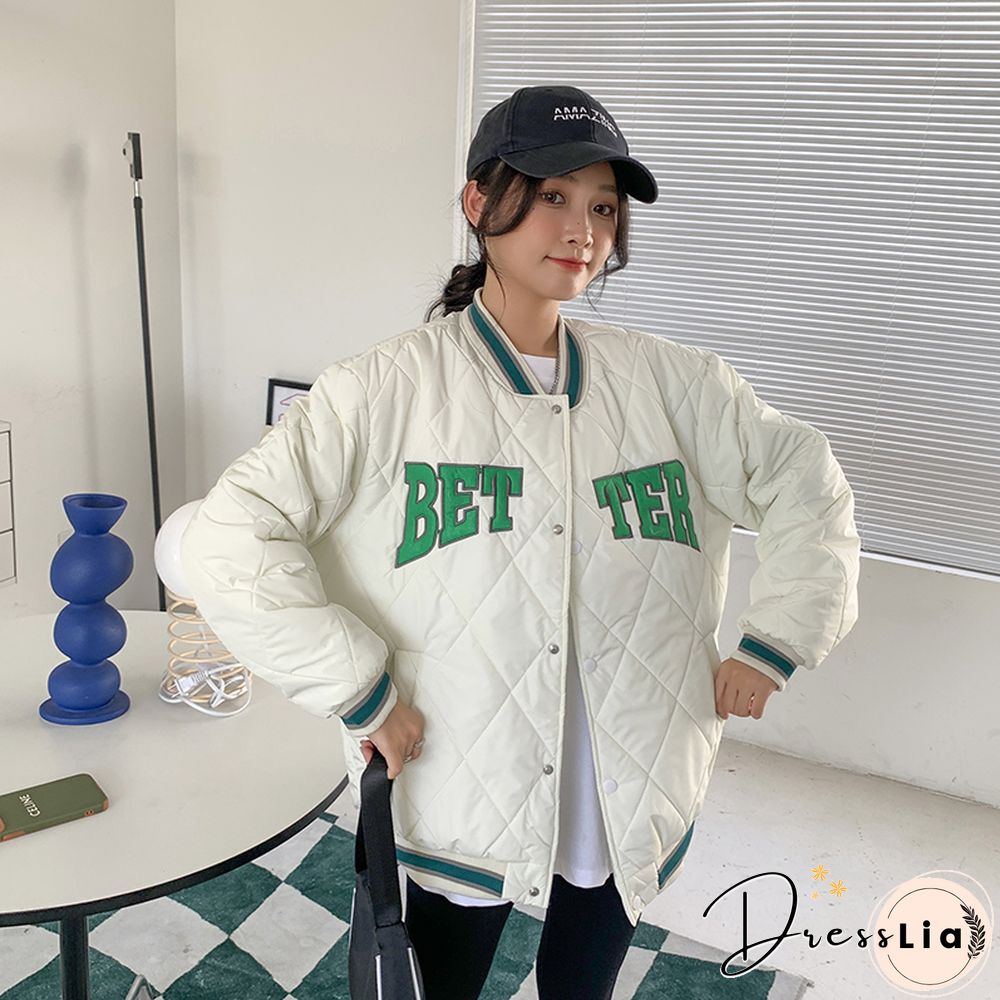 Letter Embroidered Winter Cotton Coat Women American Retro Baseball Uniform Jacket Female Y2K Keep Warm Bomber Jacket New