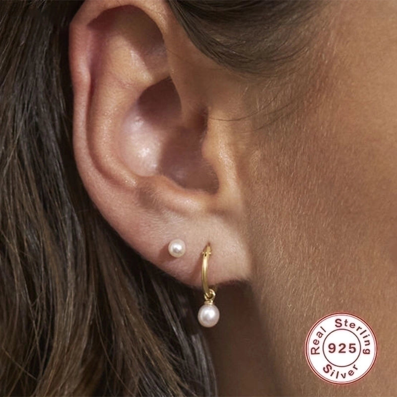 1 Pair Fashion Geometric Inlay 925 Sterling Silver Pearl Zircon Drop Earrings