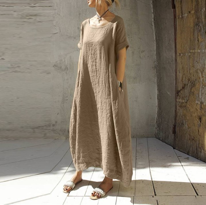 Fashion Vintage Solid Casual Loose O Neck Short Sleeve Cotton Linen Dress