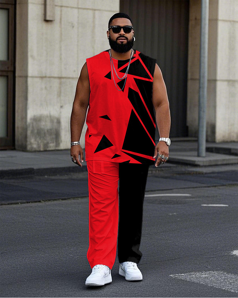 Men's Plus Size Street Fashion Red Colorblock Geometric Print Vest Trousers Suit