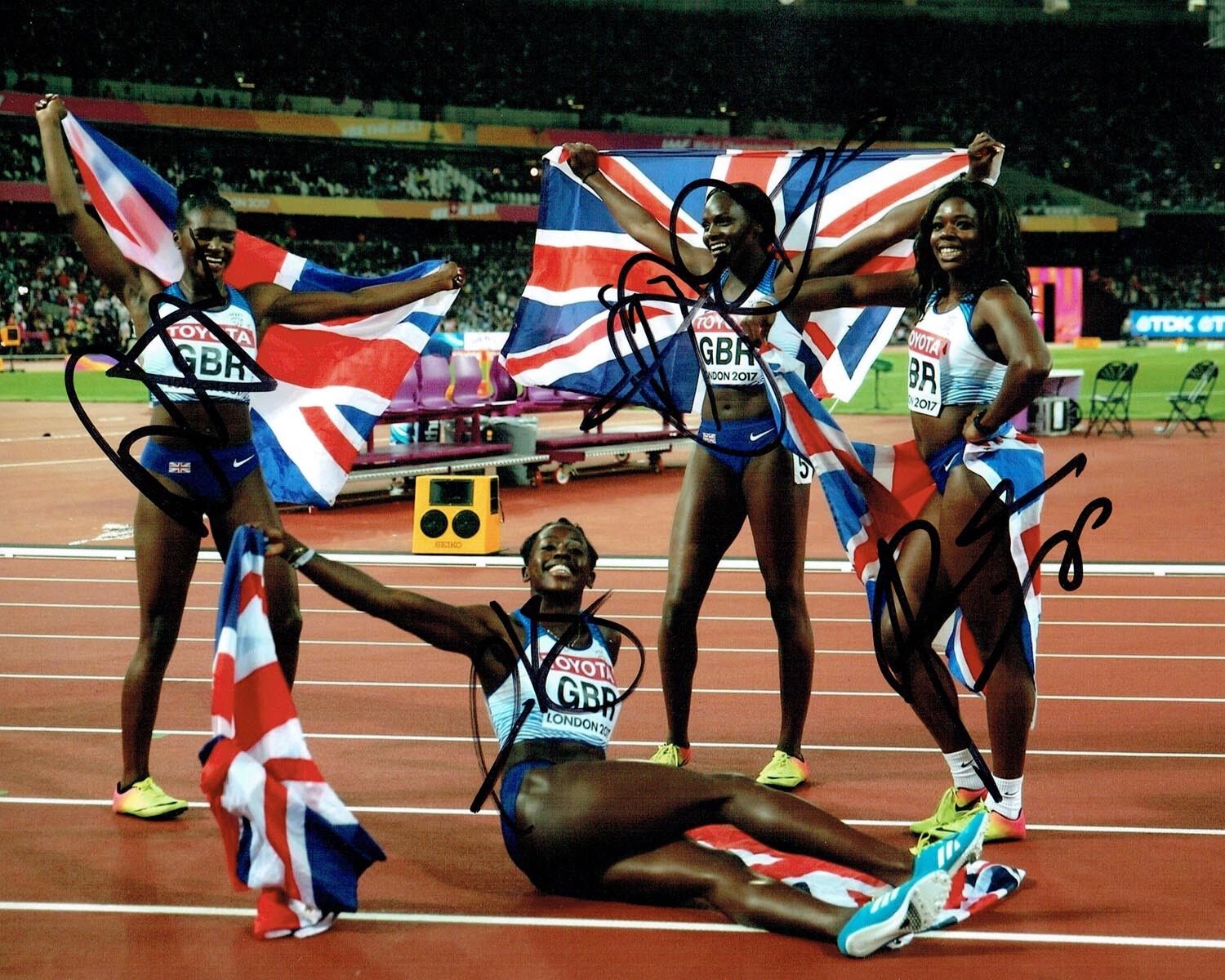 Womens Team GB SIGNED Olympic 4x100m Relay Medal Photo Poster painting 1 AFTAL Autograph COA