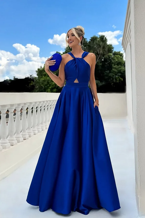 Lisliy Royal Blue Sleeveless Halter Straps A-Line Prom Dress