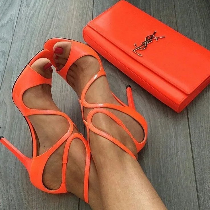 Women's Orange Stiletto Heels Patent Leather Strappy Party Sandals |FSJ Shoes