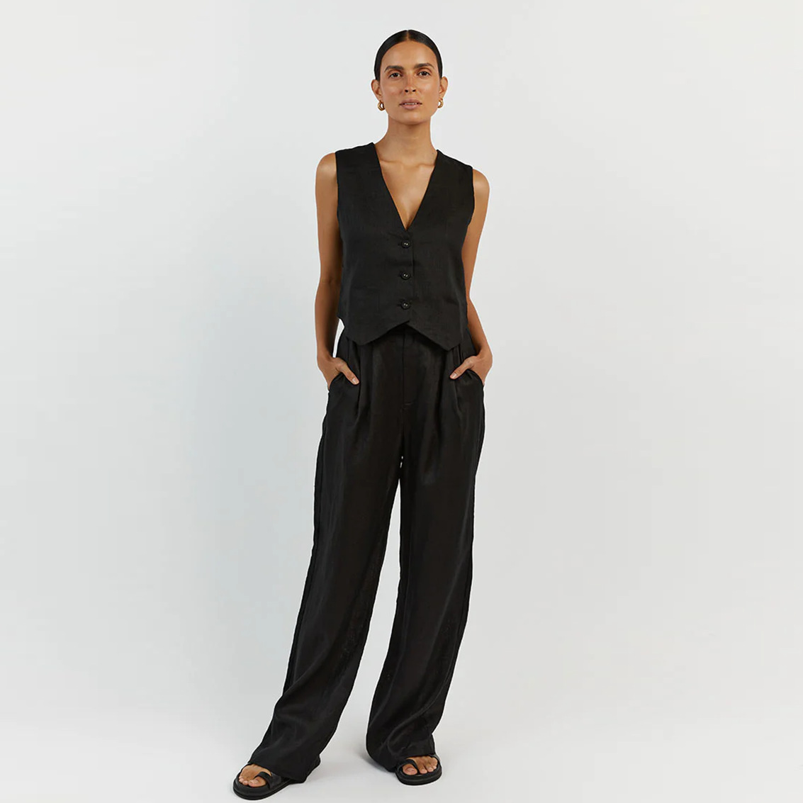 Ootddress Casual Women 2 Piece-Set Straight Legg And Sleeveless Top Vestidos Sets Slim V-Neck Summer Pocket Fashion Trousers Sets