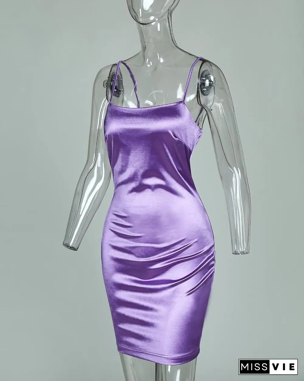 Spagheintti Strap U-neck Slimmg Satin Dress