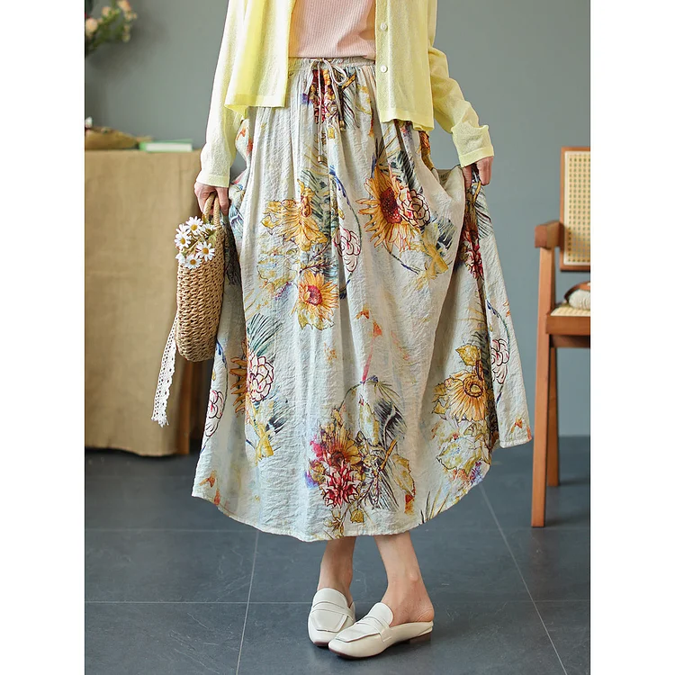 Cozy Vintage Floral Loose Lyocell Skirt