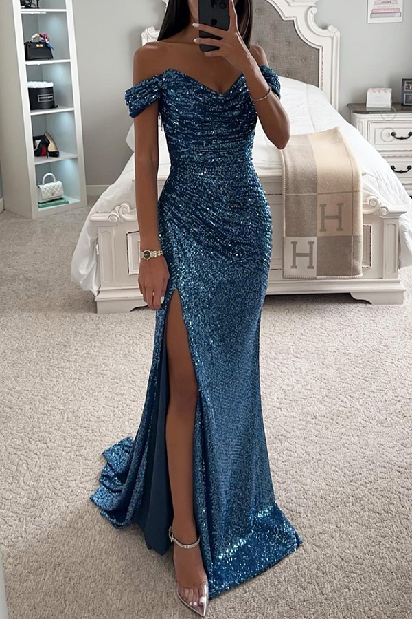 Diamond World Sequin Off Shoulder Ruched Slit Evening Maxi Dress