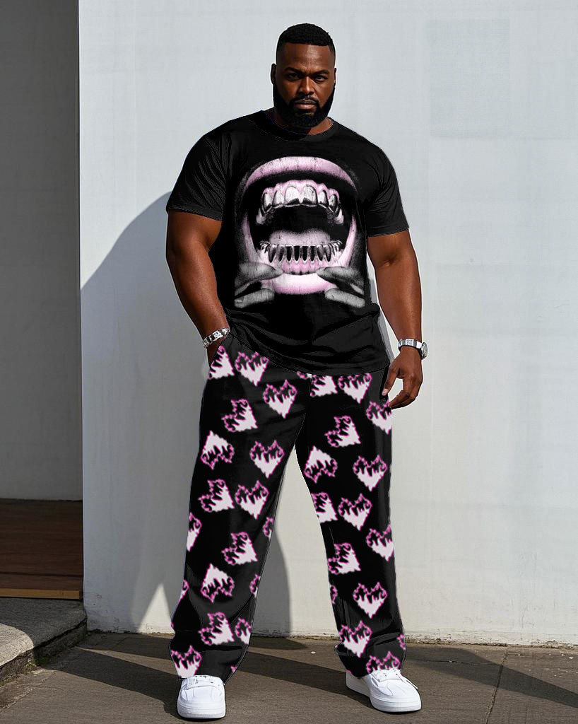 Black Street Fashion Pink Flame Love Heart & Large Lip Pattern Print