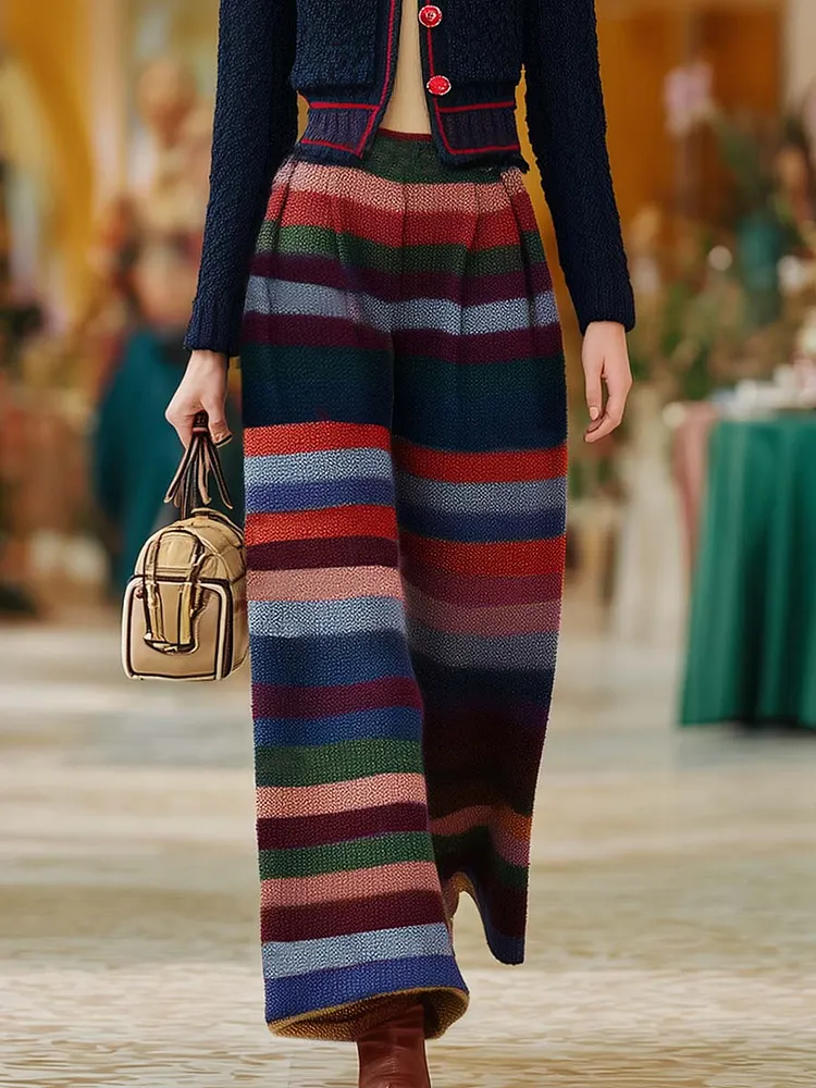 Vintage Multicolor Horizontal Striped Knitted Wide-leg Pants